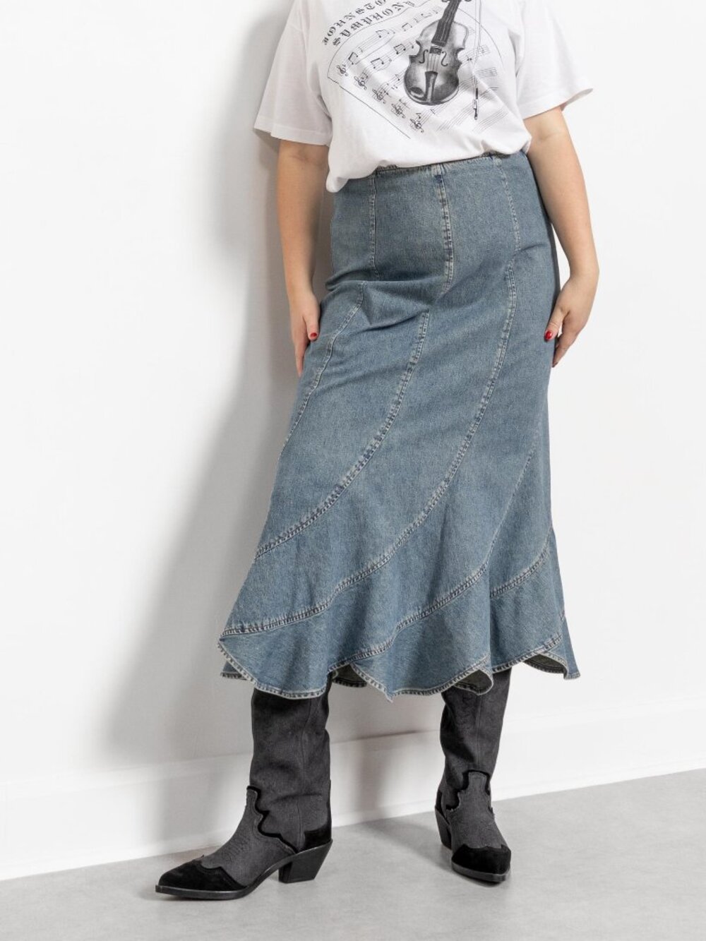 Y2K DENIM SKIRT Vintage Jean Maxi Woman Ruffles / 34 Inch Waist